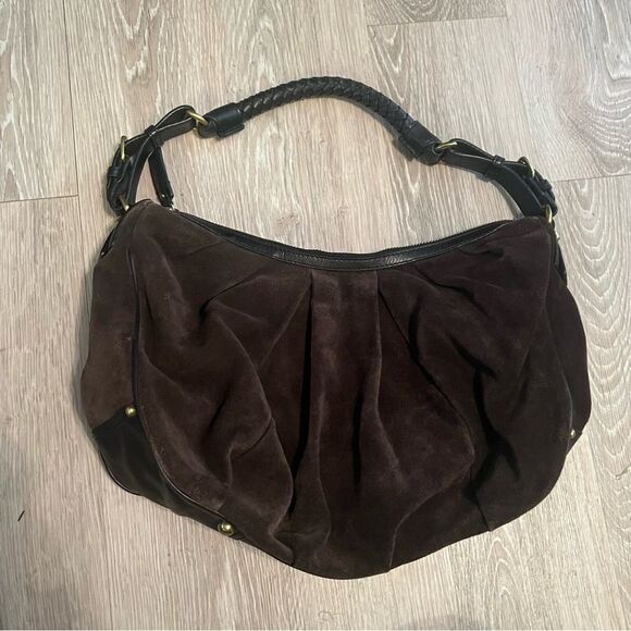 Vtg Y2K Banana Republic Brown Suede Leather Pleated Hobo Purse Braided Handle - Picture 1 of 13